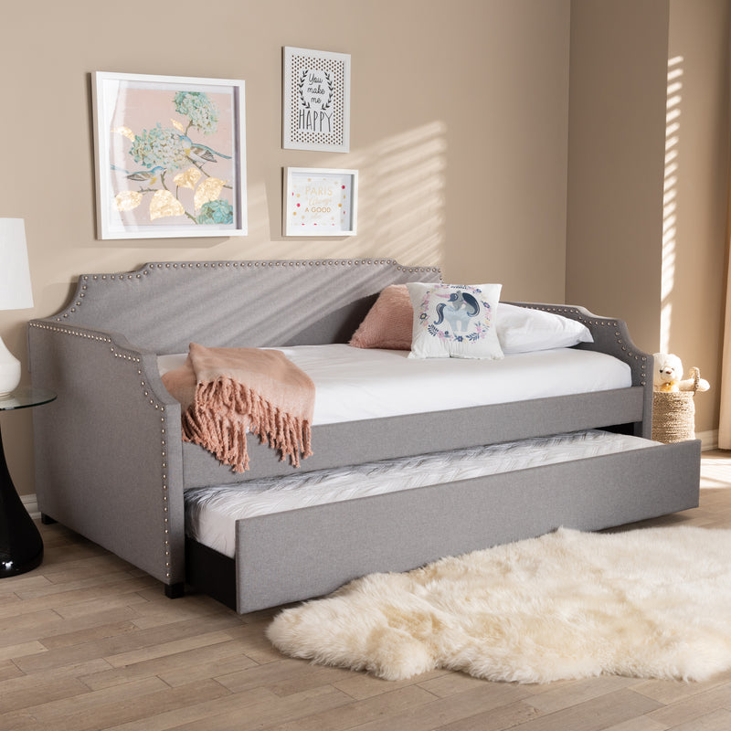 Ally Sofa Daybed - Modern and Contemporary Beige Fabric Upholstered with Roll Out Trundle Guest Bed