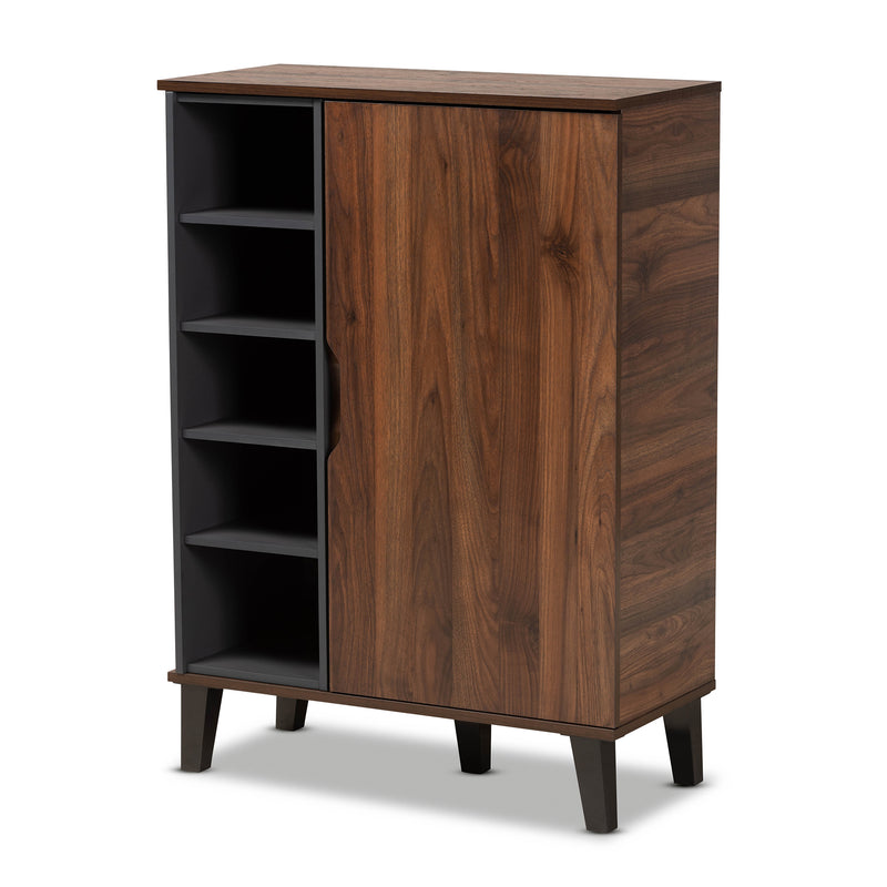 Idina Shoe Cabinet Mid-Century Modern Two-Tone Walnut Brown and Grey Finished Wood 1-Door