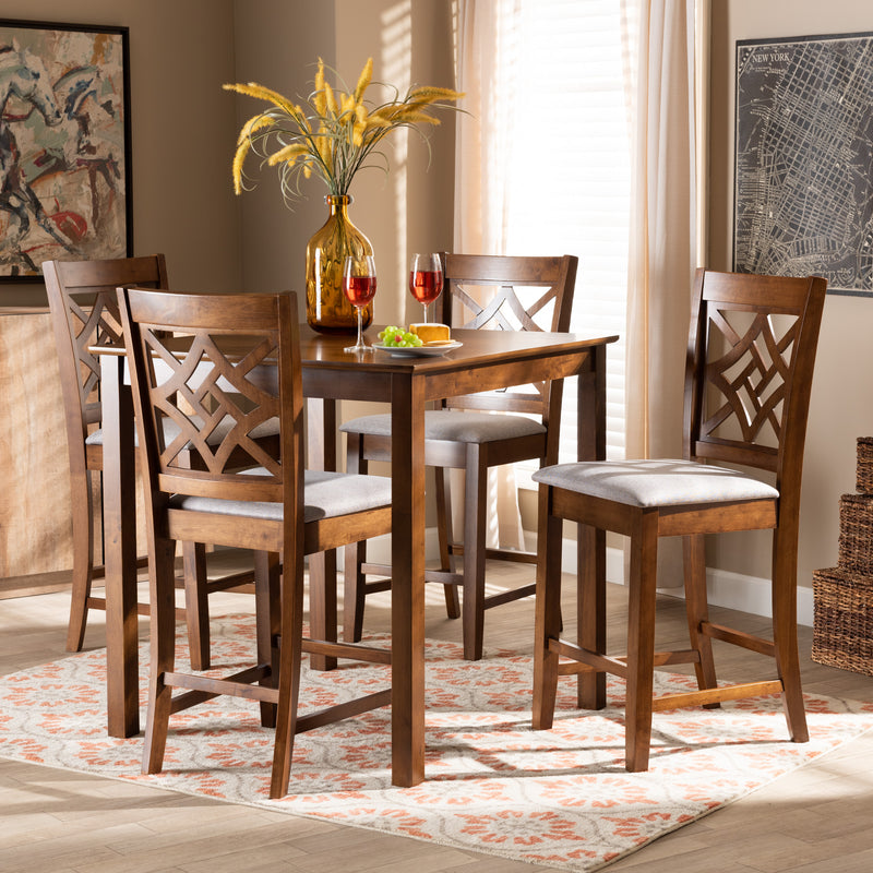 Nicolette Pub Set Modern and Contemporary Grey Fabric Upholstered Walnut Brown Finished Wood 5-Piece