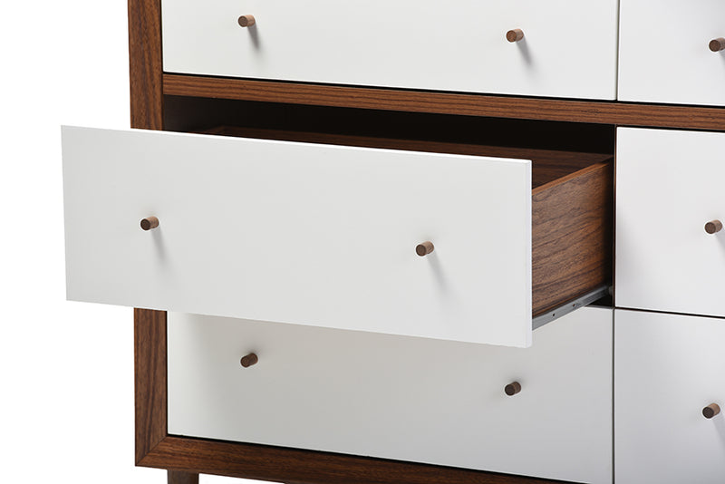 Harlow 6-Drawer Storage Dresser in Mid-Century Modern Style with White and Walnut Finish