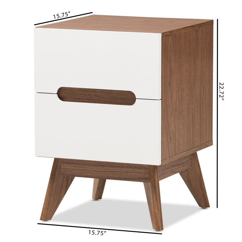 Calypso Mid-Century Modern Nightstand with 3 Drawers in White and Walnut for Stylish Bedroom Storage