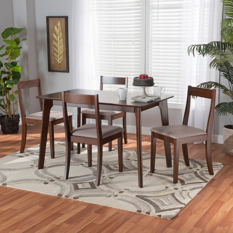 Carola Dining Set Mid-Century Modern Cream Fabric and Dark Brown Finished Wood 5-Piece