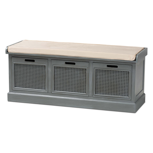 Sheldon Entryway Shoe Storage Bench Modern Vintage Design with Beige Fabric Upholstery Grey Finished Wood and 3 Drawers for Organized Storage