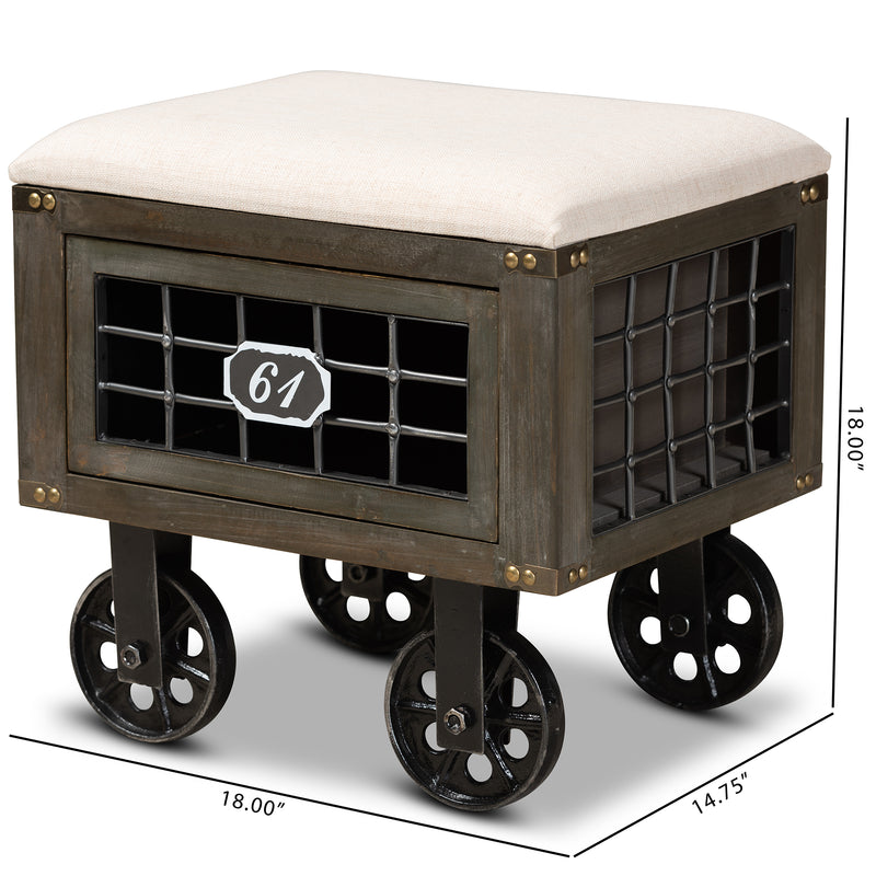 Harley Storage Ottoman - Rustic Farmhouse Design with Beige Fabric, Antique Wood, Black Metal Accents, 1-Drawer, and Wheeled Mobility