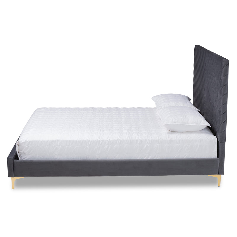 Fabrico Platform Bed - Contemporary Glam and Luxe Grey Velvet Upholstered with Gold Metal