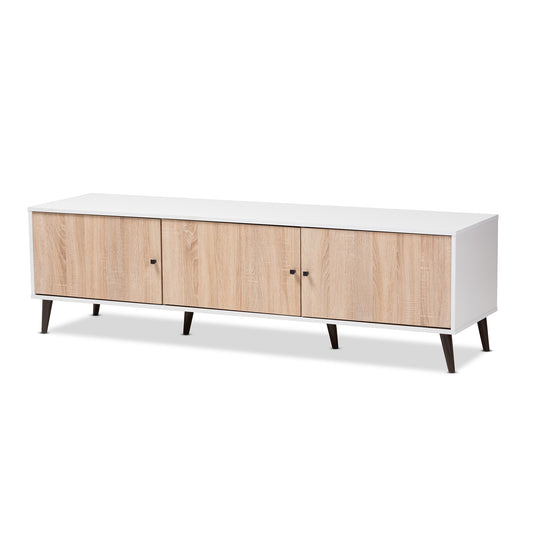 Bastien Mid-Century Modern TV Stand with 6 Shelves in White and Light Oak Finish