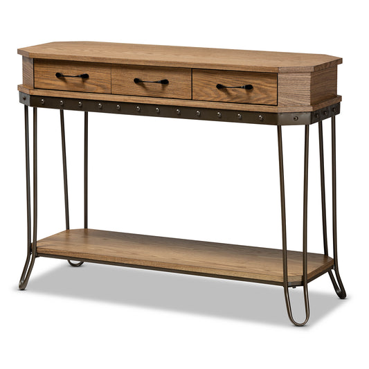 Kellyn Console Table - Vintage Rustic Industrial Design with Oak Brown Wood and Black Metal, Featuring 3 Drawers for Storage and Style