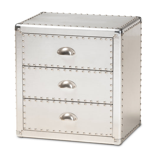 Armel End Table French Industrial Style Silver Metal 3-Drawer Nightstand with Storage