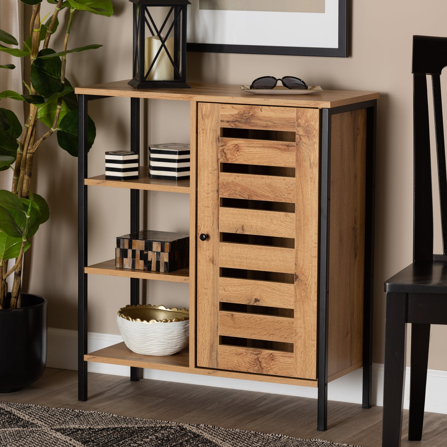 Vander Shoe Storage Cabinet Modern Contemporary Design Oak Brown Wood Black Metal 1 Door Organized Footwear Storage