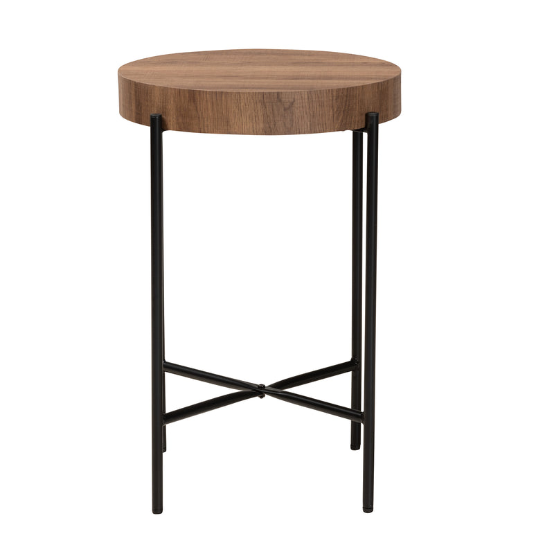 Savion End Table Modern Industrial Design with Walnut Brown Wood and Black Metal Accents