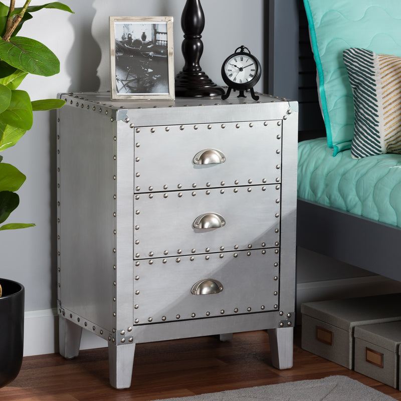 Claude French Industrial End Table with 3 Drawers in Silver Finish