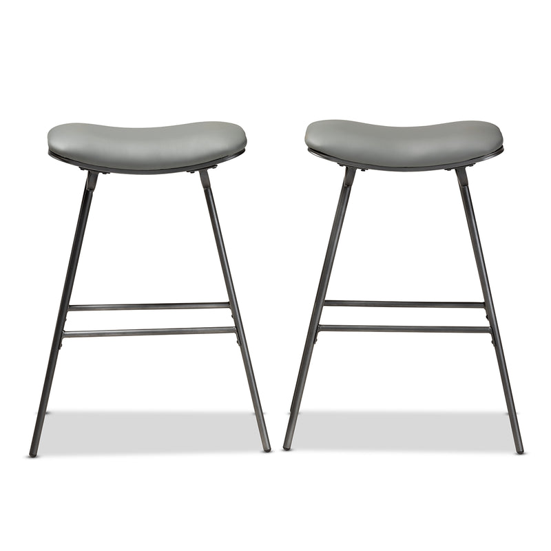 Jette Bar Stool Set - Modern 2-Piece Grey Fabric Upholstered Bar Stools with Dark Grey Metal Frame