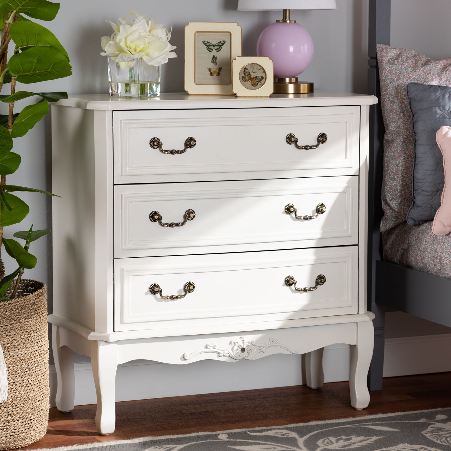 Gabrielle 3-Drawer Wood Storage Cabinet in French Country Style with White Finish for Elegant Home Organization