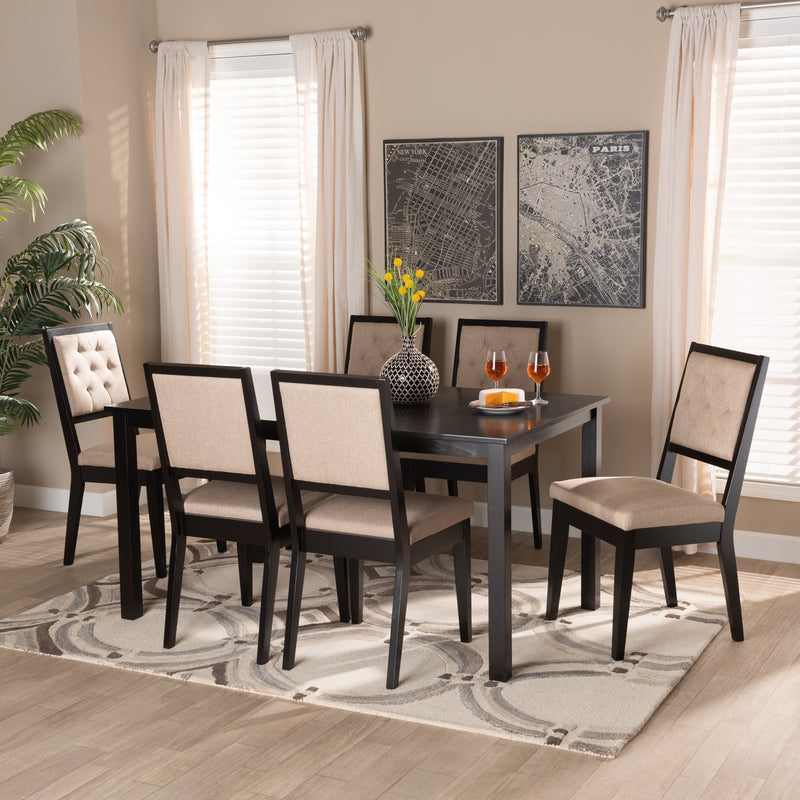 Suvi Dining Set Modern Contemporary Grey Fabric Upholstered Walnut Brown Finished Wood 7-Piece