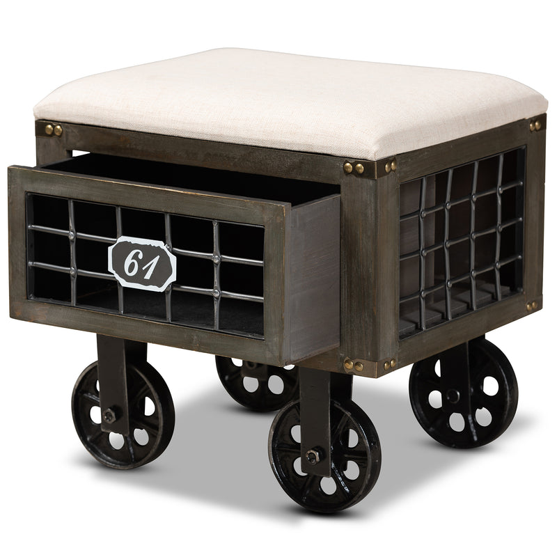 Harley Storage Ottoman - Rustic Farmhouse Design with Beige Fabric, Antique Wood, Black Metal Accents, 1-Drawer, and Wheeled Mobility