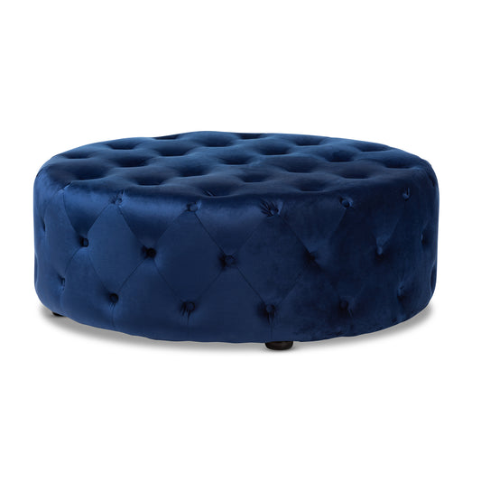 Cardiff Ottoman Royal Blue Velvet Fabric Upholstered Button Tufted Cocktail