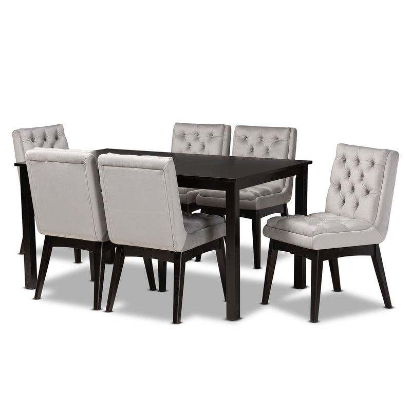 Makar Modern 7-Piece Dining Set with Light Grey Velvet Chairs and Dark Brown Finished Wood Table