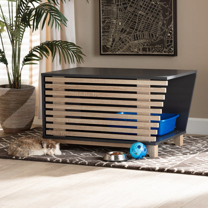 Eckhart Cat Litter Box Cover Modern and Contemporary Two-Tone Dark Grey and Oak Finished Wood