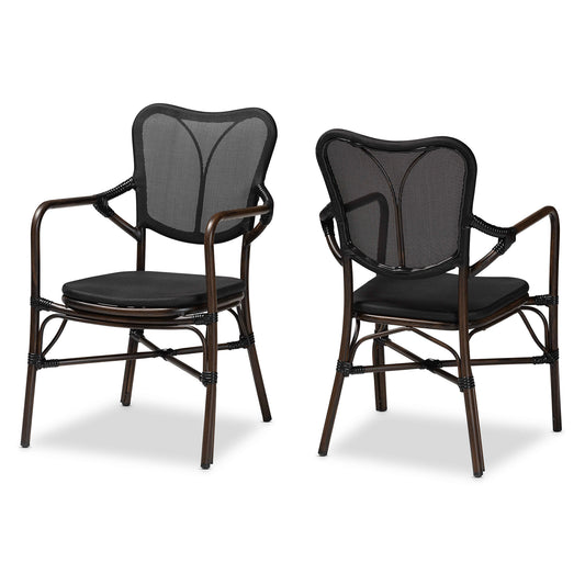 Erling Outdoor Dining Chair Set - Mid-Century Modern Black and Dark Brown Metal, 2-Piece Set for Stylish Patio or Garden Seating