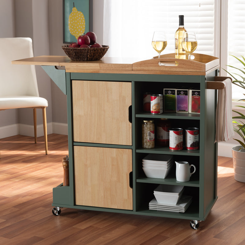 Dorthy Kitchen Storage Cart Coastal Farmhouse Style Two-tone Dark Green and Natural Wood Design for Organized Cooking and Dining Spaces