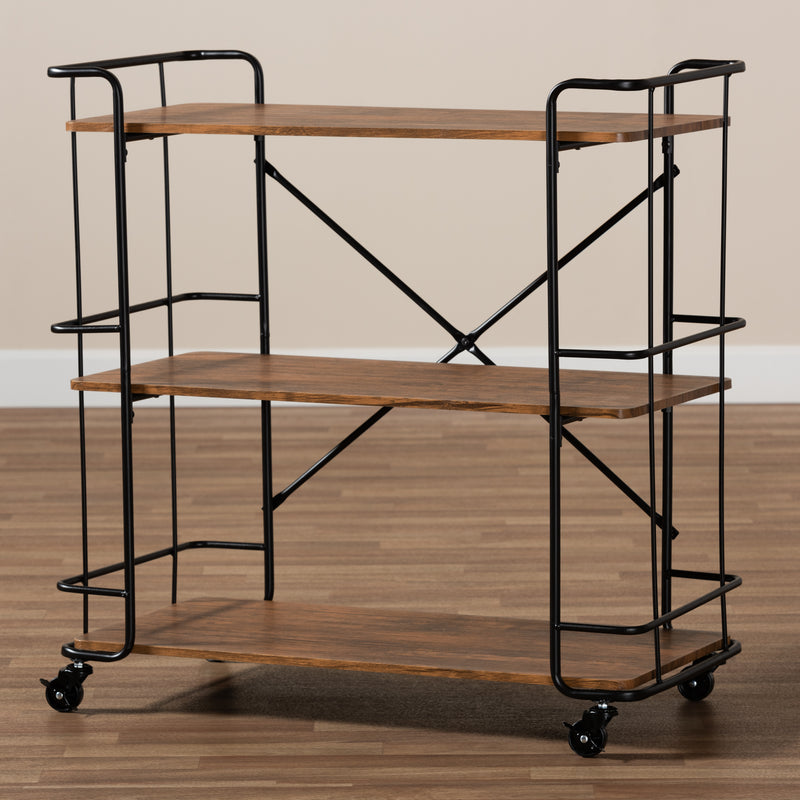 Neal Bar and Kitchen Serving Cart Rustic Industrial Style Black Metal Frame Walnut Finished Wood Top