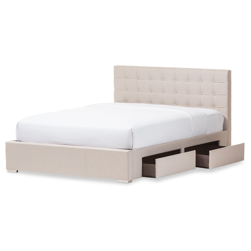 Rene Queen Size Storage Platform Bed Modern Beige Fabric with 4 Drawers for Organized Living