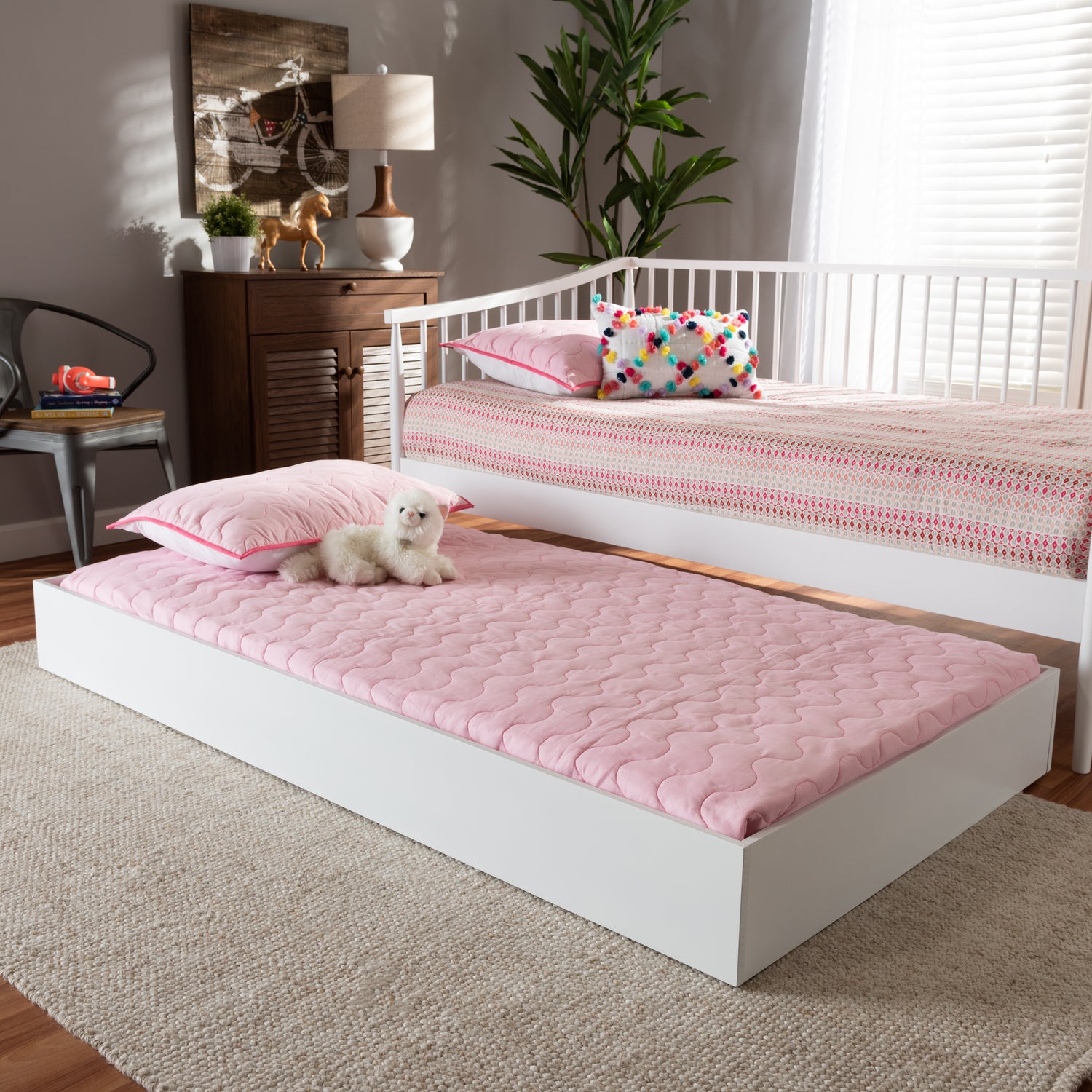 Renata Twin Size Trundle Bed in Modern Contemporary White Finished Wood Design