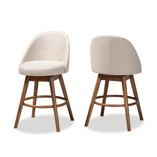 Carra Counter Stool Set of 2 Light Beige Fabric Upholstered Walnut-Finished Wood Mid-Century Modern