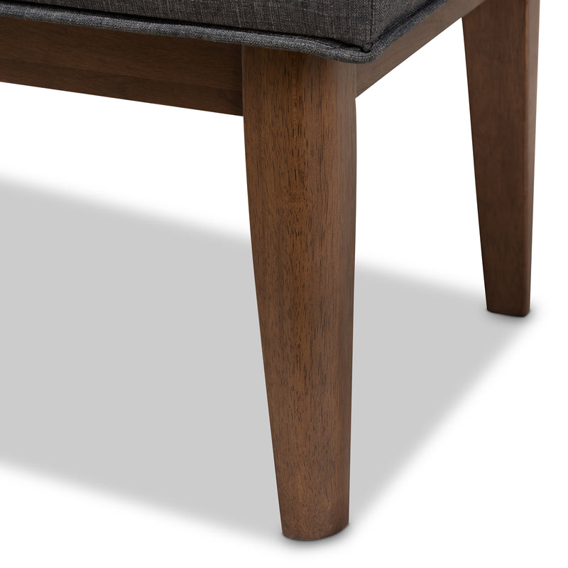 Lucca Bench Mid-Century Modern Walnut Wood with Dark Grey Fabric and Button-Tufted Upholstery