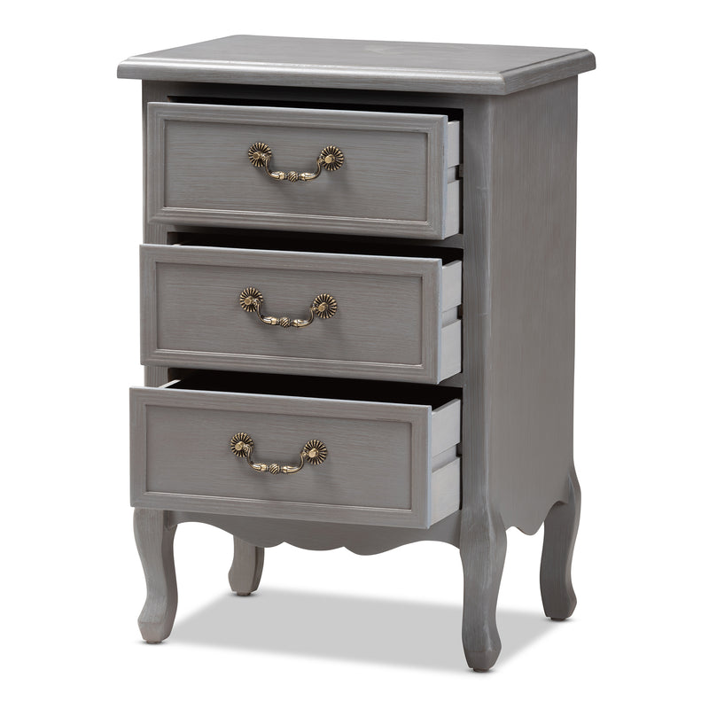 Capucine End Table Antique French Country Cottage Style Grey Finished Wood with 3 Storage Drawers