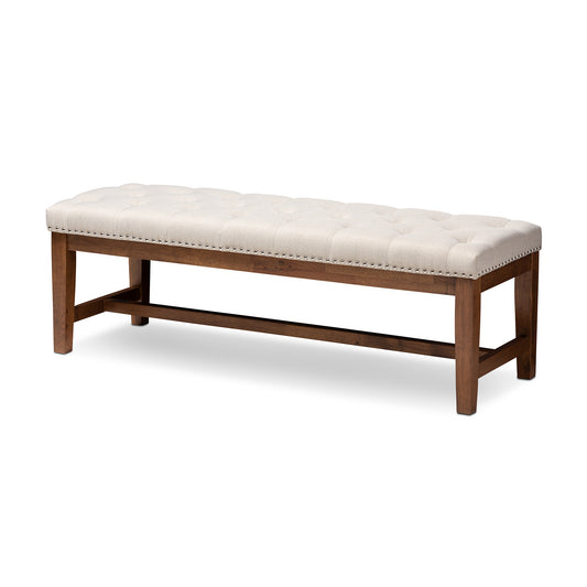 Ainsley Bench Modern and Contemporary Light Beige Fabric Upholstered Walnut Finished Solid Rubberwood