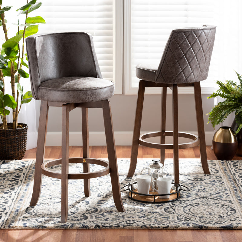 Adams Bar Stool Set Modern Transitional Distressed Brown Fabric Upholstered and Walnut Brown Finished Wood 2-Piece