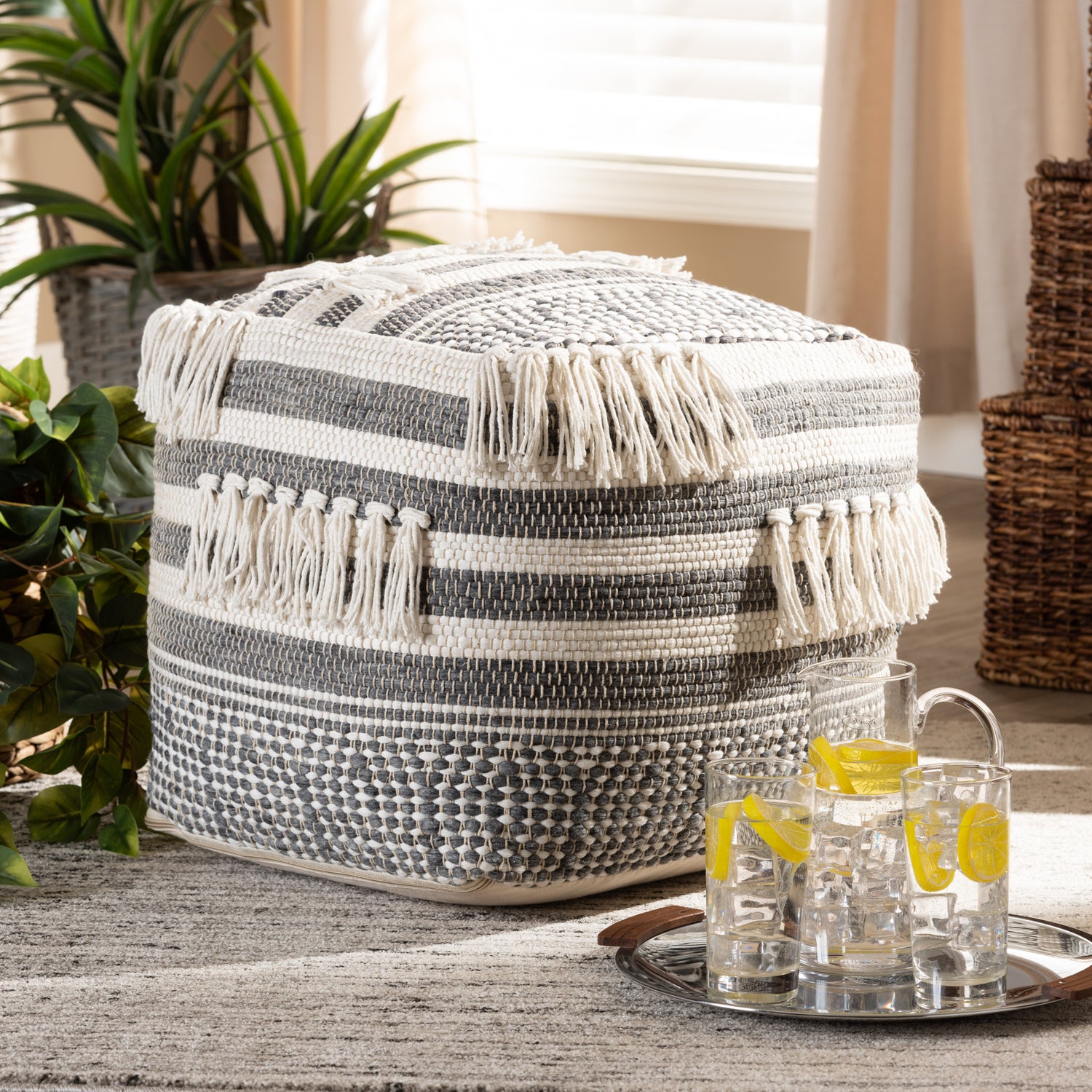 Kirby Pouf Ottoman Moroccan Inspired Handwoven Cotton in Grey and Ivory for Chic Home Decor