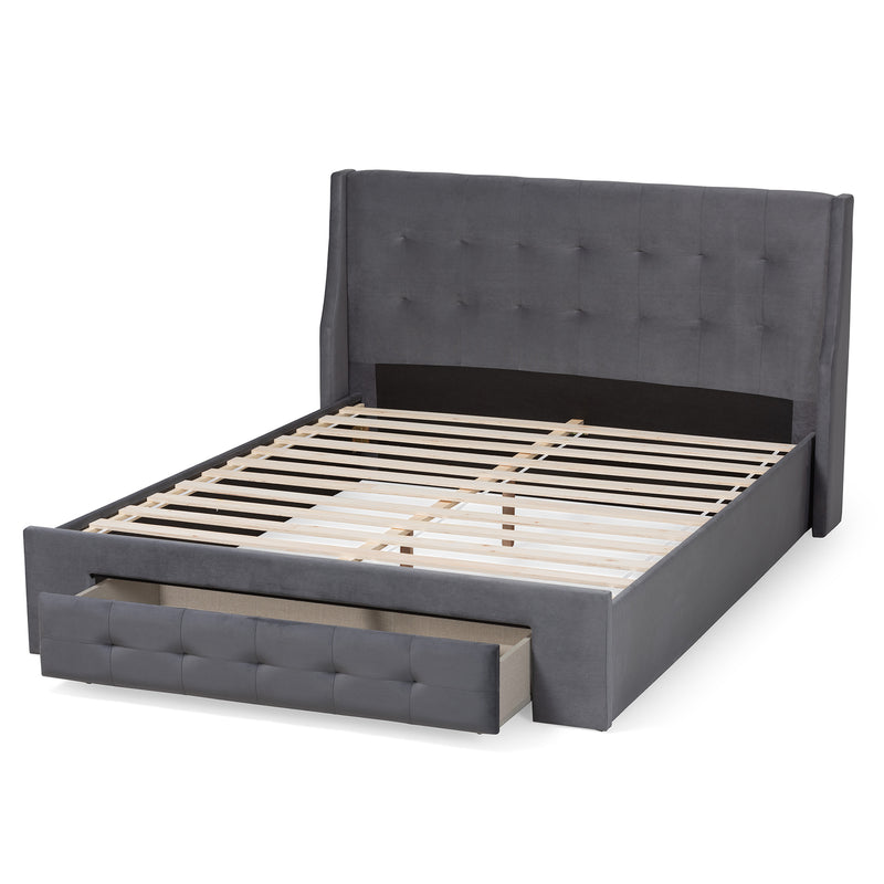 Noella Queen Size Platform Storage Bed - Modern Grey Velvet Upholstered Design with 1 Drawer for Extra Storage