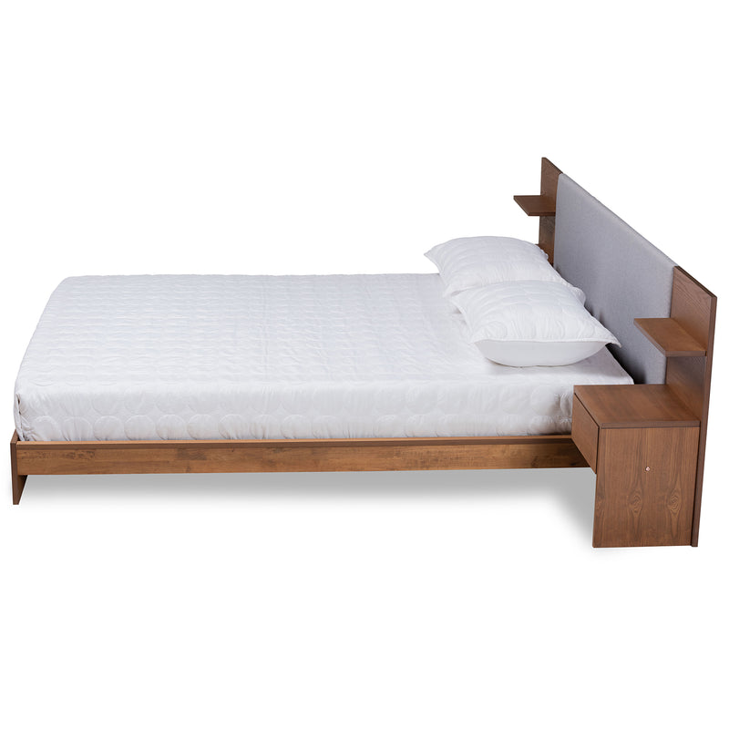 Sami Queen Size Platform Bed Modern Light Grey Fabric Upholstered with Walnut Brown Finished Wood