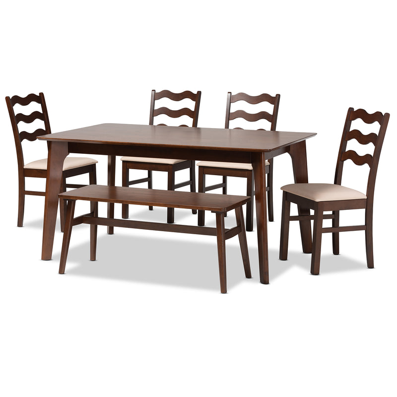 Amara Dining Set Mid-Century Modern 6-Piece Cream Fabric and Dark Brown Wood Collection for Stylish Dining Rooms