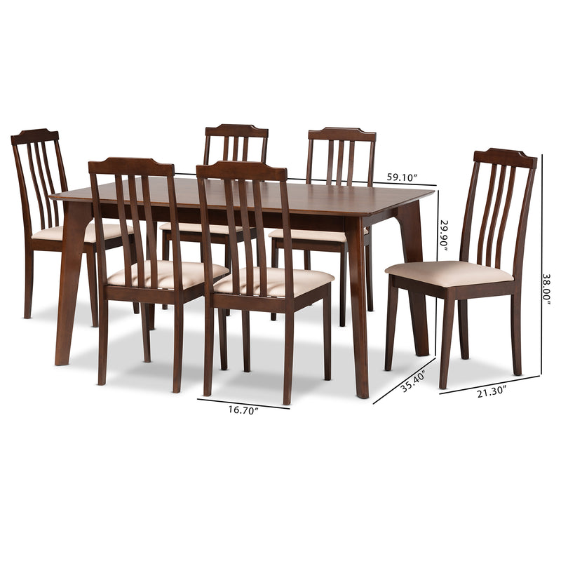 Clarissa Dining Set Mid-Century Modern 7-Piece Cream Fabric and Dark Brown Wood Furniture for Elegant Dining Rooms