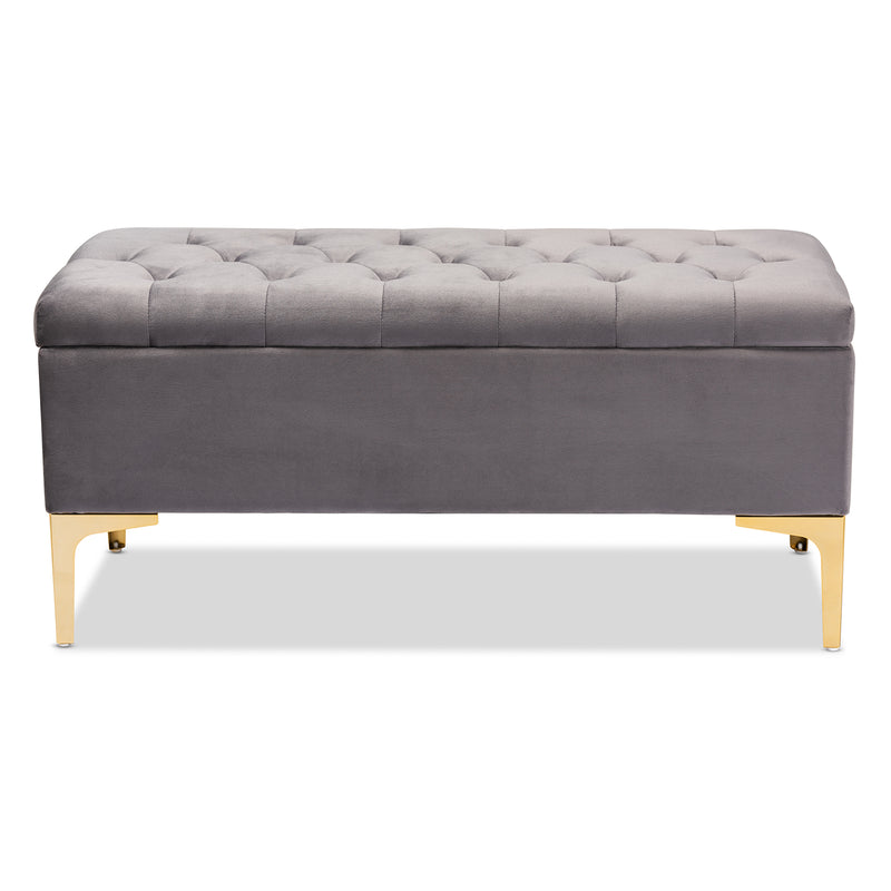 Valere Ottoman Glam and Luxe Grey Velvet Fabric Upholstered Gold Finished Button Tufted Storage