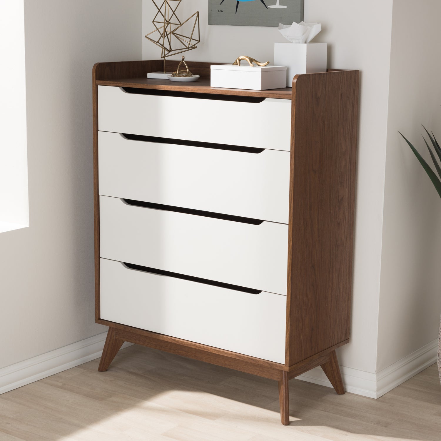 Brighton Storage Chest Mid-Century Modern 4-Drawer Design in White and Walnut Wood for Stylish Organization