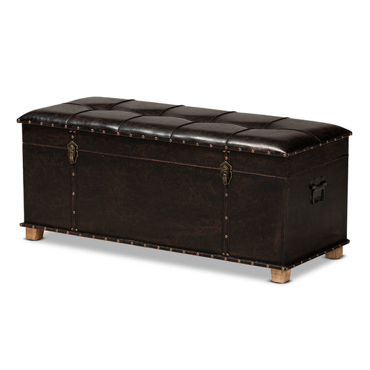 Janna Storage Ottoman Rustic Dark Brown Faux Leather Upholstered with Oak Finished Wood