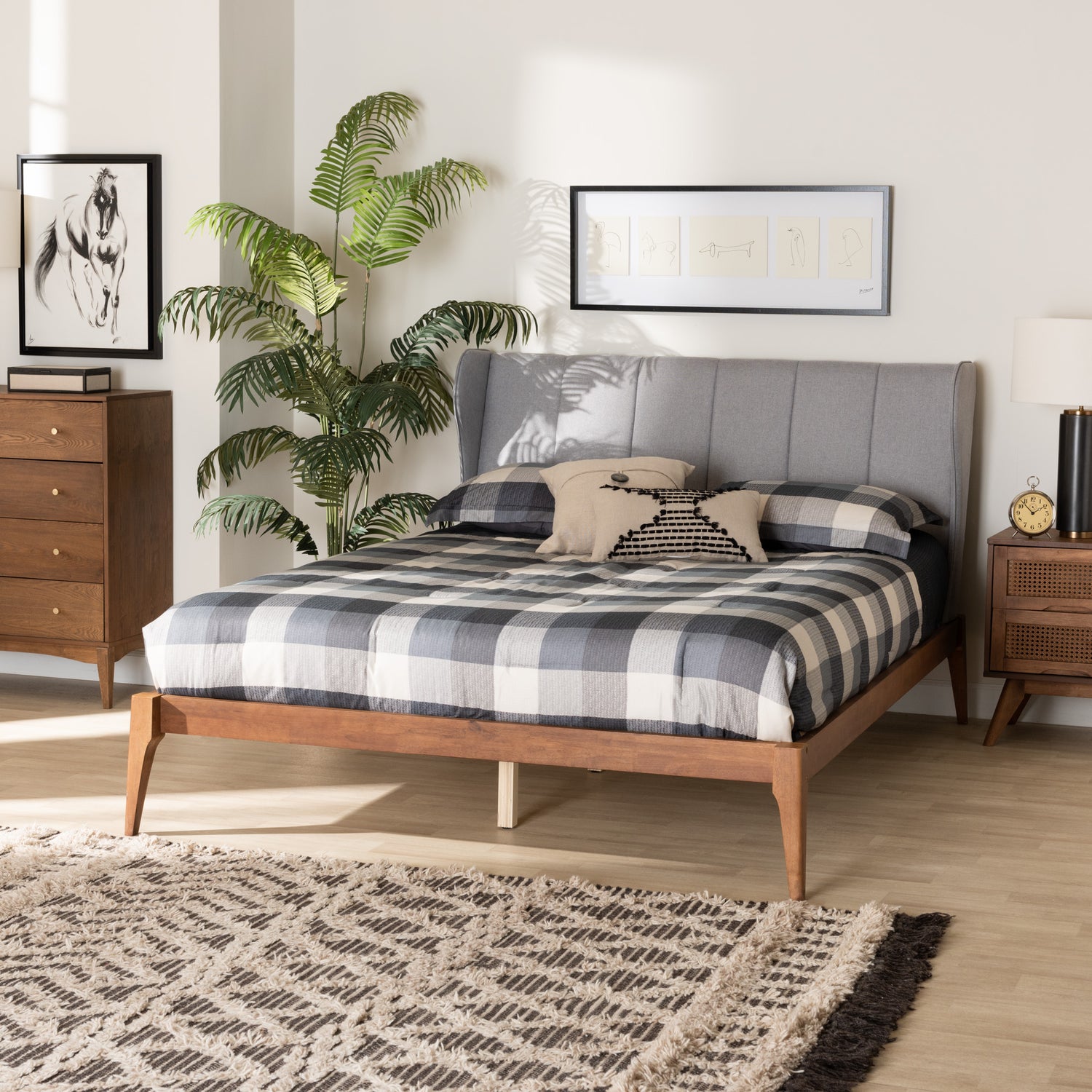 Royce Queen Size Bed Mid-Century Modern Design in Light Grey Fabric with Ash Walnut Finished Wood