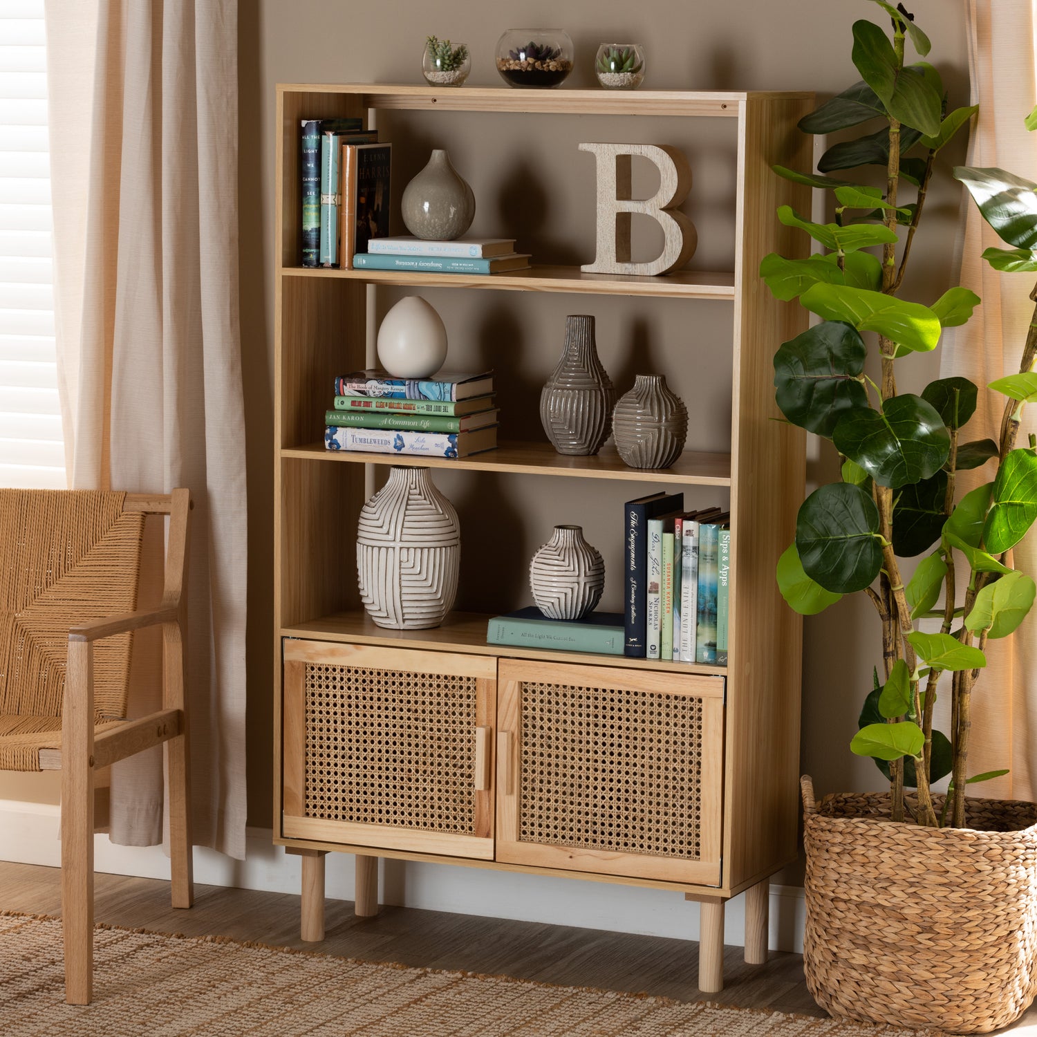 Faulkner Mid-Century Modern Bookcase with Natural Brown Wood and Rattan, 2-Door Storage Unit for Stylish Home Organization