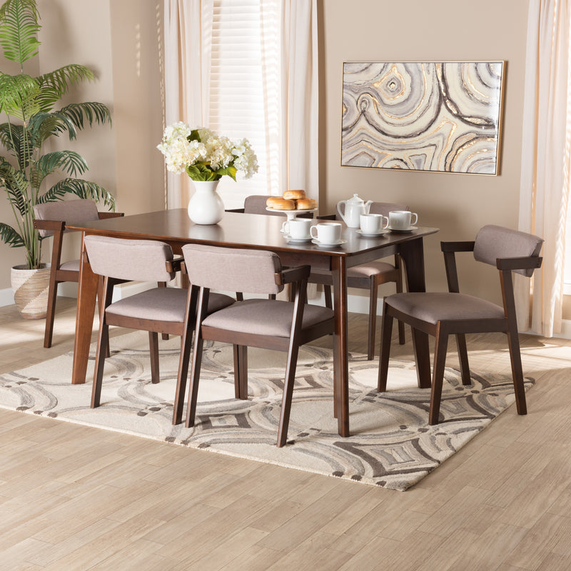 Althea 7-Piece Dining Set in Mid-Century Modern Style with Warm Grey Fabric and Dark Brown Wood Finish