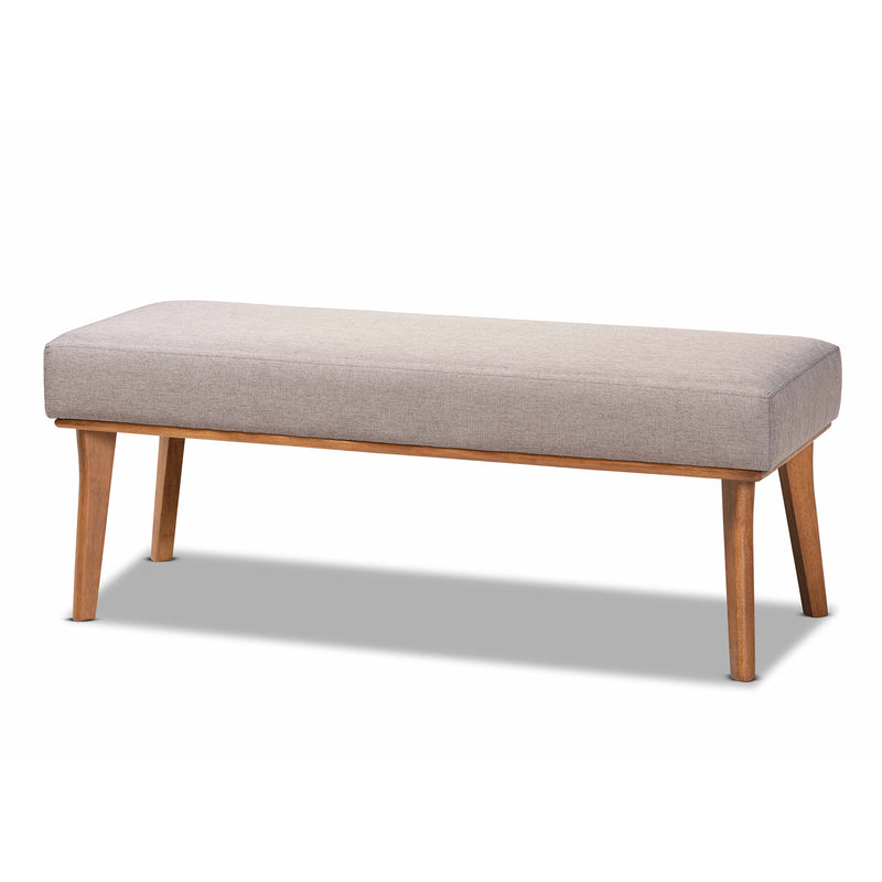 Odessa Dining Bench Mid-Century Modern Design Grey Fabric Upholstery Walnut Brown Finished Wood