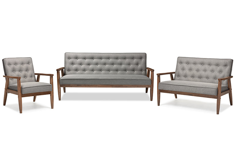 Sorrento Living Room Set Mid-century Retro Modern Grey Fabric Upholstered Wooden 3 Piece