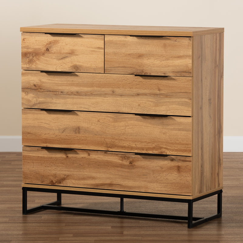 Franklin 5-Drawer Bedroom Chest in Modern Style with Oak Wood and Black Metal Accents