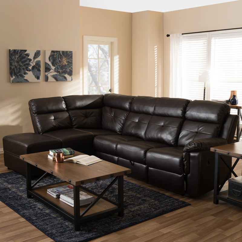 Roland Sectional Sofa Modern Dark Brown Faux Leather 2-Piece Design with Recliner and Storage Chaise for Comfort and Style