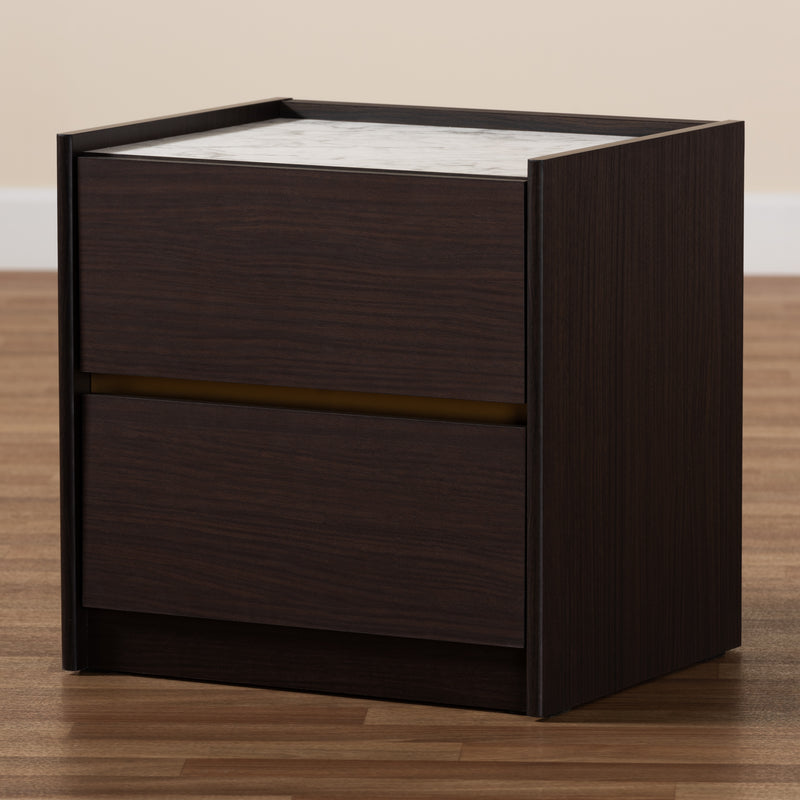 Walker Modern Contemporary Nightstand Dark Brown Gold Finished Wood Faux Marble Top Stylish Bedroom Storage