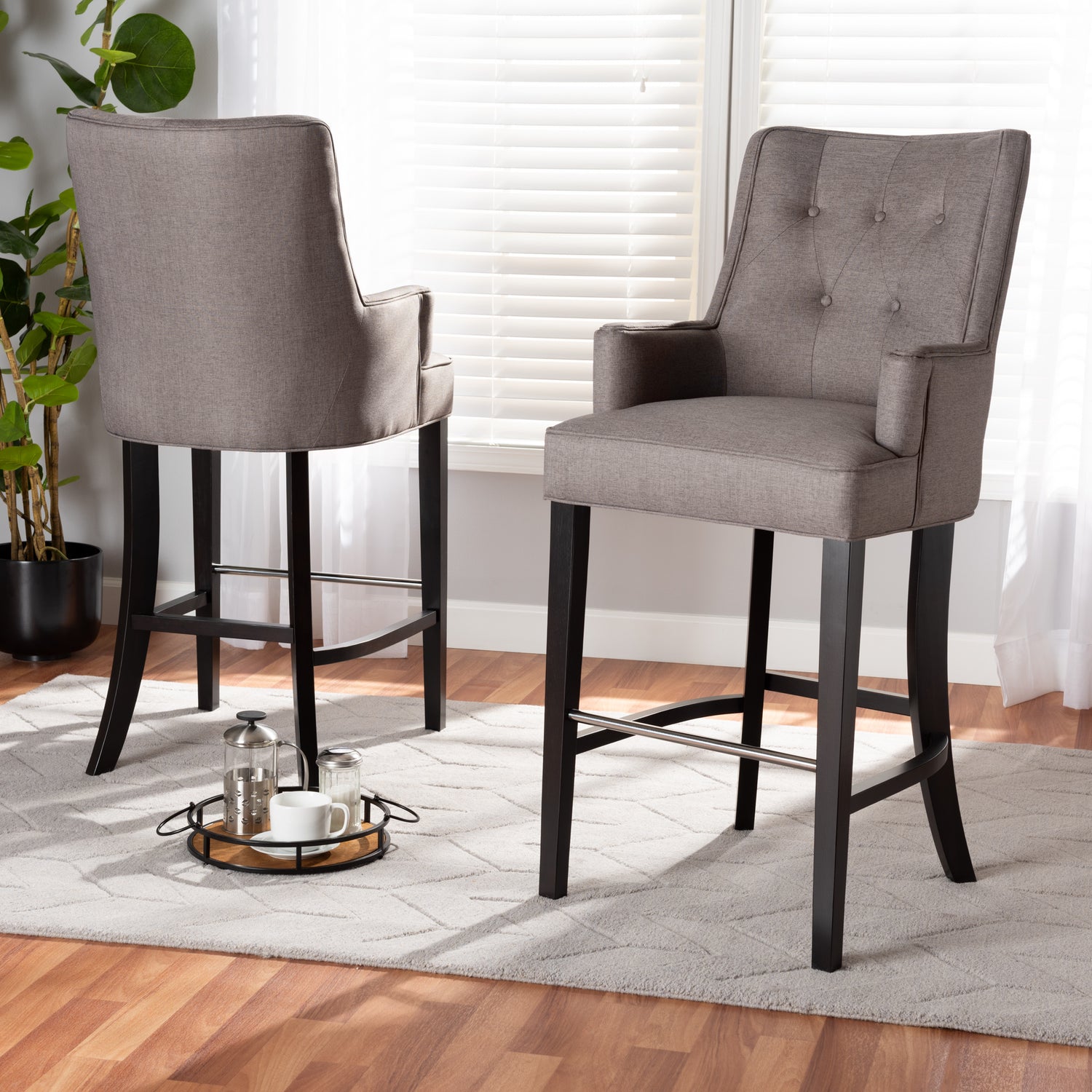 Aldon Bar Stool Set Modern and Contemporary Grey Fabric Upholstered Dark Brown Finished Wood 2-Piece