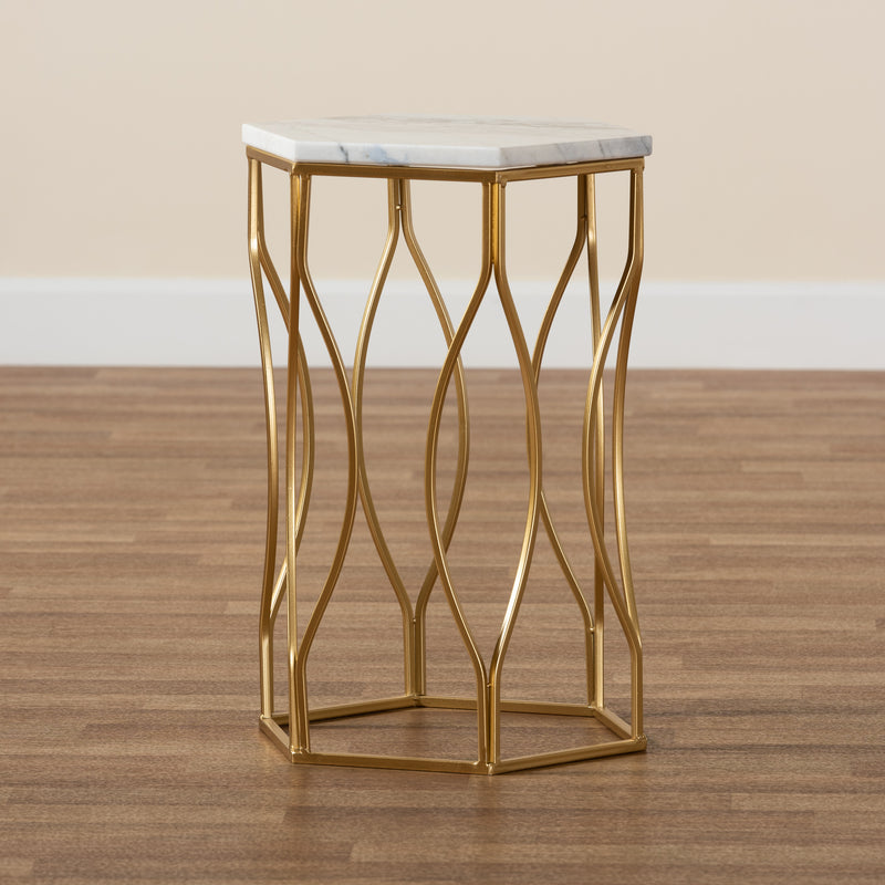 Kalena Modern Gold Metal End Table with Marble Top Contemporary Accent Furniture for Living Room or Bedroom